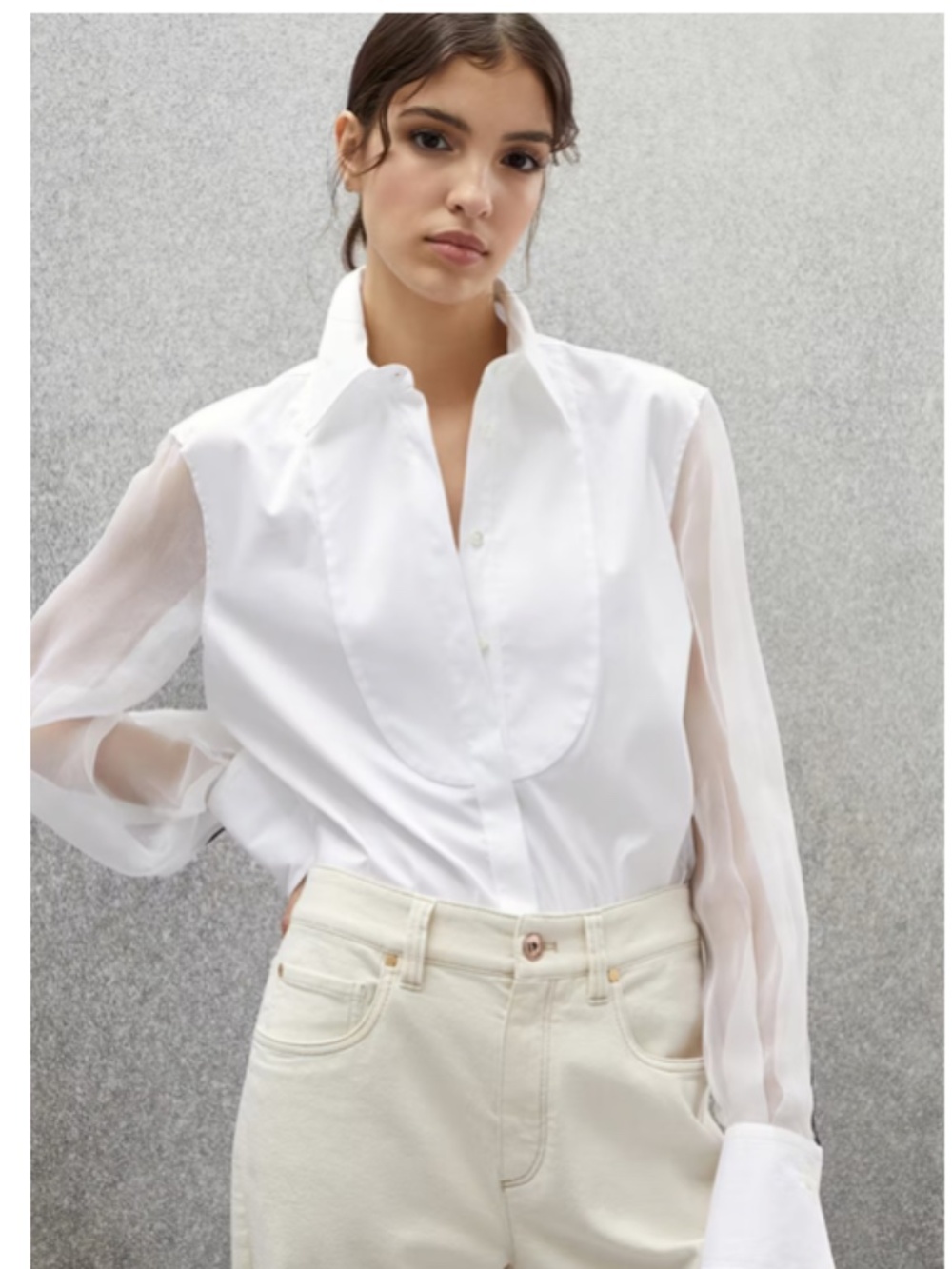 $2550 BRUNELLO CUCINELLI embellished organza and cotton-blend poplin shirt  (M)